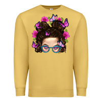 Antique Gold Messy Bun Mom With Butterfly Premium Sweatshirt - BundleAndBundleShop