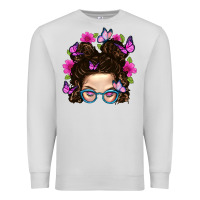 Dove Grey Messy Bun Mom With Butterfly Premium Sweatshirt - BundleAndBundleShop