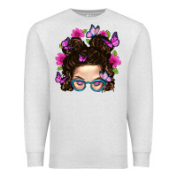 Oatmeal Heather Messy Bun Mom With Butterfly Premium Sweatshirt - BundleAndBundleShop