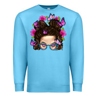 Ocean Blue Messy Bun Mom With Butterfly Premium Sweatshirt - BundleAndBundleShop