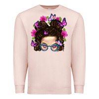 Pale Pink Messy Bun Mom With Butterfly Premium Sweatshirt - BundleAndBundleShop