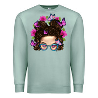 Seafoam Messy Bun Mom With Butterfly Premium Sweatshirt - BundleAndBundleShop