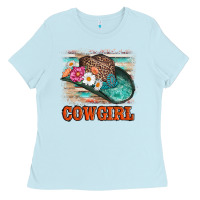 Baby Blue cowgirl hat flowers leopard and  leather Ladies Tee - AdoDesignShop