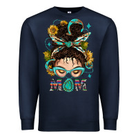 Navy Western Messy Bun Mom With Sunflower Premium Sweatshirt - BundleAndBundleShop