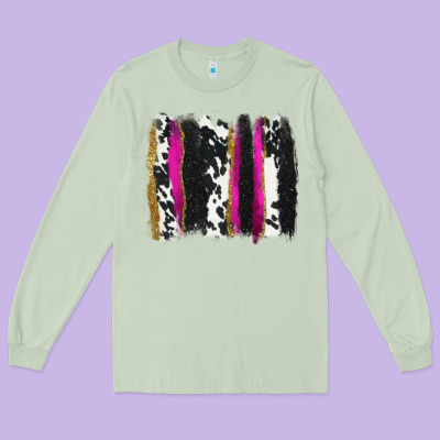Cow , Yellow And Pink Glitter Brushstrokes Long Sleeve Tee Designed By Adodesignshop