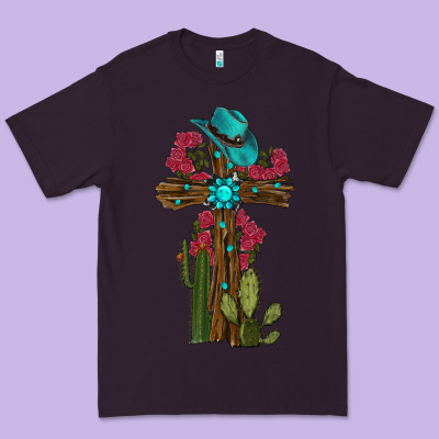Premium Tee Gemstone Cross With Cactus