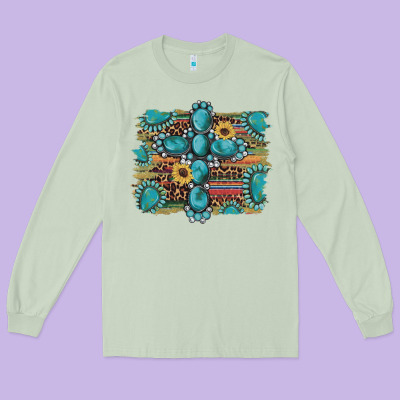 Western Gemstone Cross Sunflowers Serape Leopard Glitter Long Sleeve Tee Designed By Artiststas