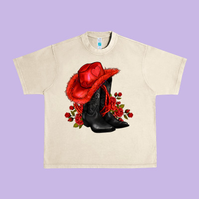 Valentines Day Cowboy Boots Red  And Roses Urban Heavy Tee Designed By Adodesignshop