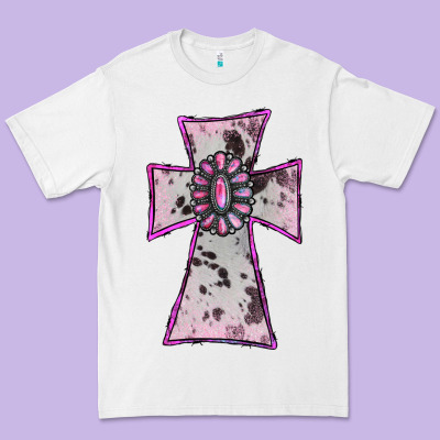 Premium Tee Cowhide Pink Gemstone Cross
