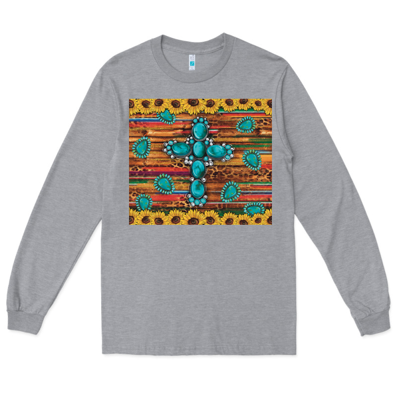 Western Gemstone Cross Sunflowers Leopard Serape Glitter Wooden Tumble Long Sleeve Tee by Artiststas | Teevron
