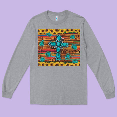 Western Gemstone Cross Sunflowers Leopard Serape Glitter Wooden Tumble Long Sleeve Tee Designed By Artiststas
