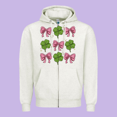 Coquette Bow Clover St. Patrick's Day Zipper Hoodie Designed By Maliassmallbusiness