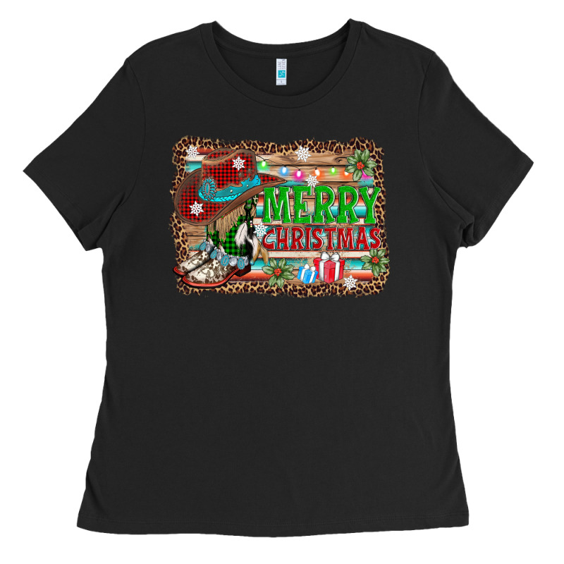 Merry Christmas Western Boots Ladies Tee by AdoDesignShop | Teevron