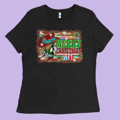 Merry Christmas Western Boots Ladies Tee Designed By Adodesignshop