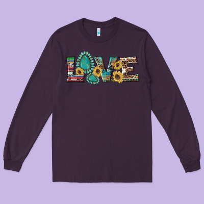 Western Gemstone Sunflowers Serape Leopard Turquoise Love Long Sleeve Tee Designed By Artiststas
