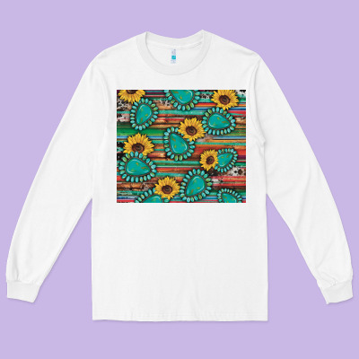 Western Gemstone Sunflowers Serape Cowhide Glitter Wooden Long Sleeve Tee Designed By Artiststas