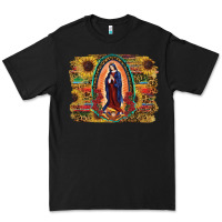Black Sunflower Lady Of Guadalupe Distressed Background Premium Tee - RanaPortraitStore