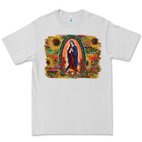 Dove Grey Sunflower Lady Of Guadalupe Distressed Background Premium Tee - RanaPortraitStore