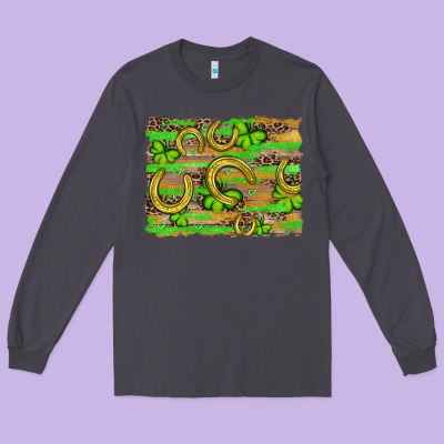 Horseshoe Shamrock Leopard Wood Glitter Background Long Sleeve Tee Designed By Artiststas