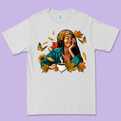Premium Tee Fall afro woman with coffee