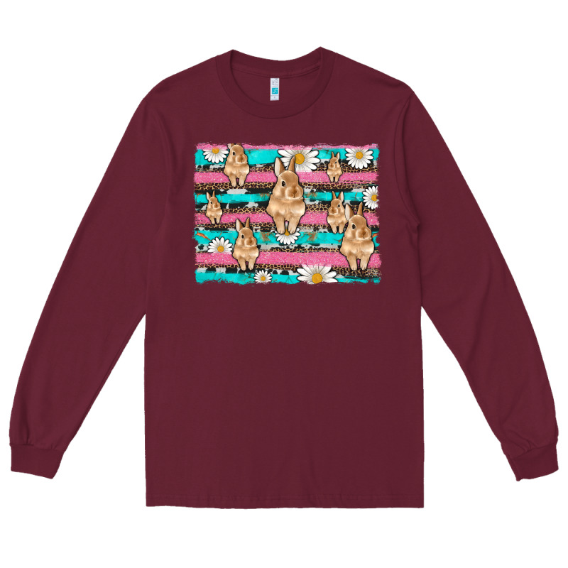 Easter Bunny With Daisy And Turquoise Cowhide Leopard  Background Long Sleeve Tee by Artiststas | Teevron
