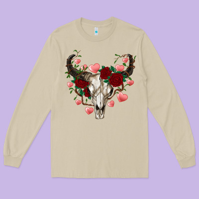 Valentine's Bull Skull Long Sleeve Tee Designed By Adodesignshop