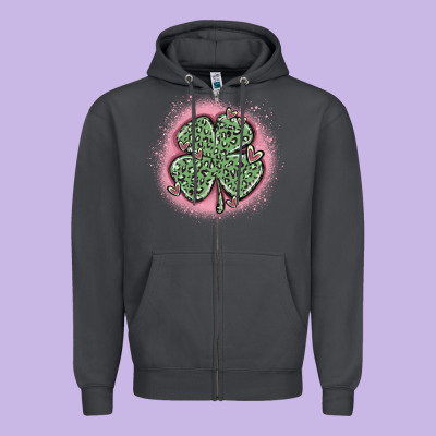 Leopard Shamrocks With Hearts Zipper Hoodie Designed By Maliassmallbusiness