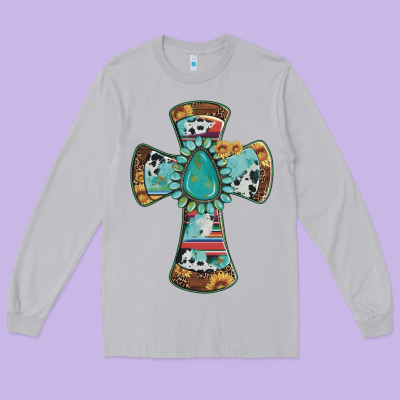 Cross With Leopard Sunflower Gemstone Serape Cowhide Long Sleeve Tee Designed By Artiststas