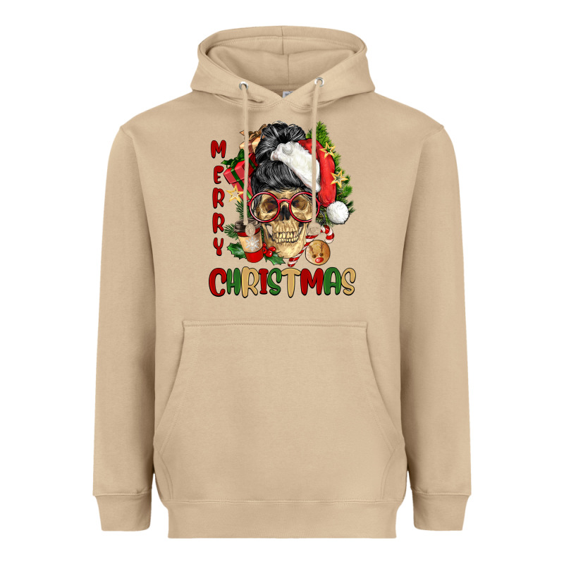 Merry Christmas Skeleton Messy Bun Heavyweight Hoodie by NancyCooperArtShop | Teevron
