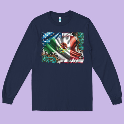 Usa And Mexico Flag With Leopard Cowhide And Gemstone Background Long Sleeve Tee Designed By Artiststas