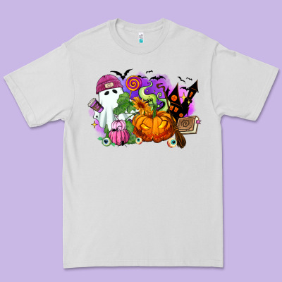 Premium Tee Halloween ghost and jack o lantern