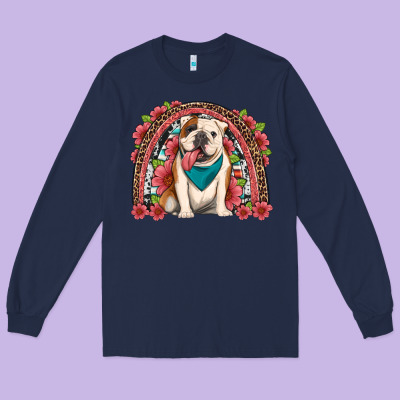English Bulldog Floral Rainbow Long Sleeve Tee Designed By Artiststas