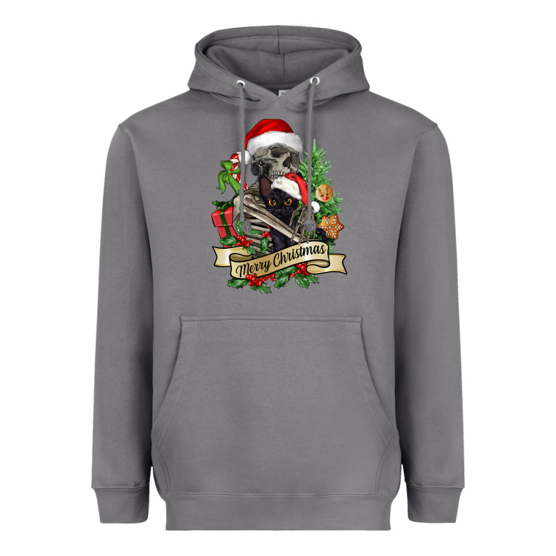 Merry Christmas Skeleton With Black Cat Heavyweight Hoodie by NancyCooperArtShop | Teevron