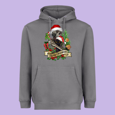 Merry Christmas Skeleton With Black Cat Heavyweight Hoodie Designed By Nancycooperartshop