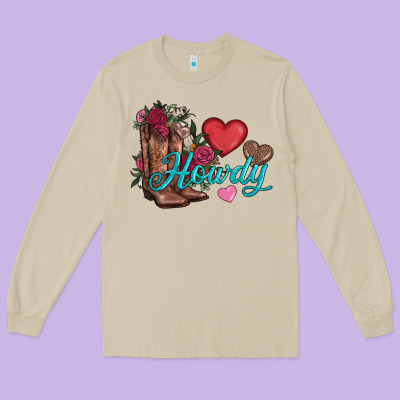 Valentines Day Howdy And Boots Long Sleeve Tee Designed By Adodesignshop