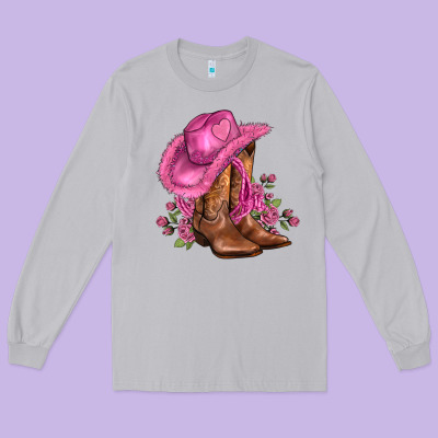 Valentines Day Boots Cowgirl Hat And Roses Long Sleeve Tee Designed By Adodesignshop