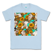 Dusty Blue sunflowers and goat western seamless pattern Classic Tee - BundleAndBundleShop