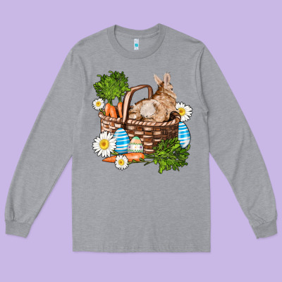 Easter Bunny In Basket Wıth Carrot And Eggs Long Sleeve Tee Designed By Adodesignshop