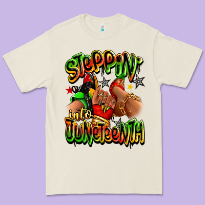Premium Tee Steppin' into Juneteenth sneaker and heel afro wom