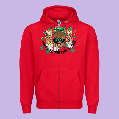 St. Patrick's Day Highland Cow Zipper Hoodie Designed By Maliassmallbusiness