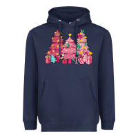 Navy Pink Christmas trees Heavyweight Hoodie - NancyCooperArtShop
