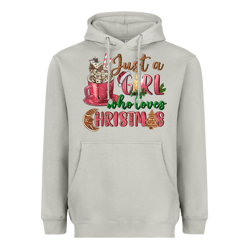 Pink Just A Girl Who Loves Christmas Heavyweight Hoodie by NancyCooperArtShop | Teevron