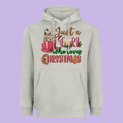 Pink Just A Girl Who Loves Christmas Heavyweight Hoodie Designed By Nancycooperartshop