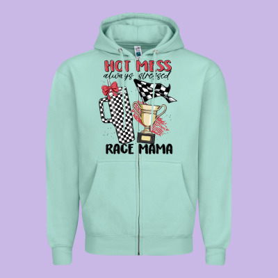 Hot Mess Always Stressed Race Mama Zipper Hoodie Designed By Maliassmallbusiness