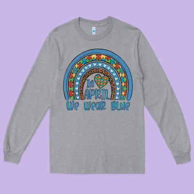 In April We Wear Blue Autism Awareness Leopard Rainbow Long Sleeve Tee Designed By Artiststas