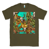Army Green western bull skull and cactus seamless pattern Classic Tee - BundleAndBundleShop