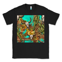 Black western bull skull and cactus seamless pattern Classic Tee - BundleAndBundleShop