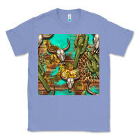 Colony Blue western bull skull and cactus seamless pattern Classic Tee - BundleAndBundleShop