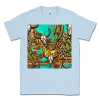 Dusty Blue western bull skull and cactus seamless pattern Classic Tee - BundleAndBundleShop
