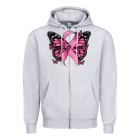 Heather Grey breast cancer ribbon  butterfly Zipper Hoodie - MaliasSmallBusiness